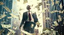 Businessman Walking Through Falling Money On The Street. Postproducted Generative AI Illustration.