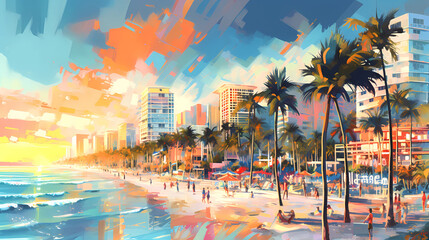 Wall Mural - Illustration of a sunny day in an American resort town