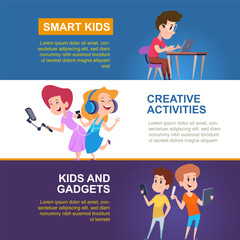 Wall Mural - banners with kids. print design templates with smart kids using gadgets smartphones laptops. vector 