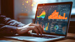 © Prasanth - The analyst works on a laptop showing data business analysis and Data Management System with KPI and metrics connected to the database for technology finance operations Data Analytics Statistics.