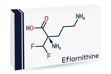 Poster - Eflornithine molecule. It is trypanocidal drug, used in treatment of facial hirsutism and African trypanosomiasis. Skeletal chemical formula. Paper packaging for drugs