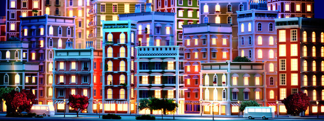 Beautiful city at night with lit up windows 3D rendering illustration. Cosy apartments buildings with balconies 