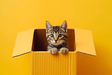 Domestic Gray Tabby Kitten Sits In An Open Cardboard Box On A Yellow Background Surprise.AI Generated. Generative AI