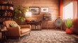 1970s inspired designed living room furniture with retro decor melds atmospheric, nature-inspired aesthetics with a palette of light orange and brown. (Ai)