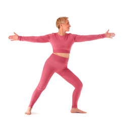 Sporty mature woman practicing yoga on white background