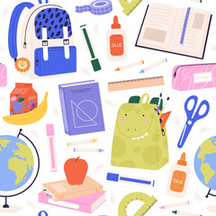 Stationery seamless pattern. School backpack, books and pencil. Cartoon study time fabric print. Education supplies, globe, racy vector background