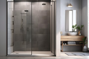 Sticker - Interior with a grey shower room wall with glass doors and an empty wood frame. floor with light grey tiles. contemporary interior design idea. a mockup. Generative AI