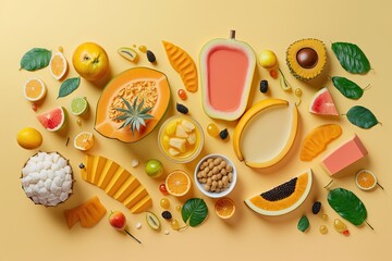 Canvas Print - assorted fruits and vegetables on a vibrant yellow background. Generative AI