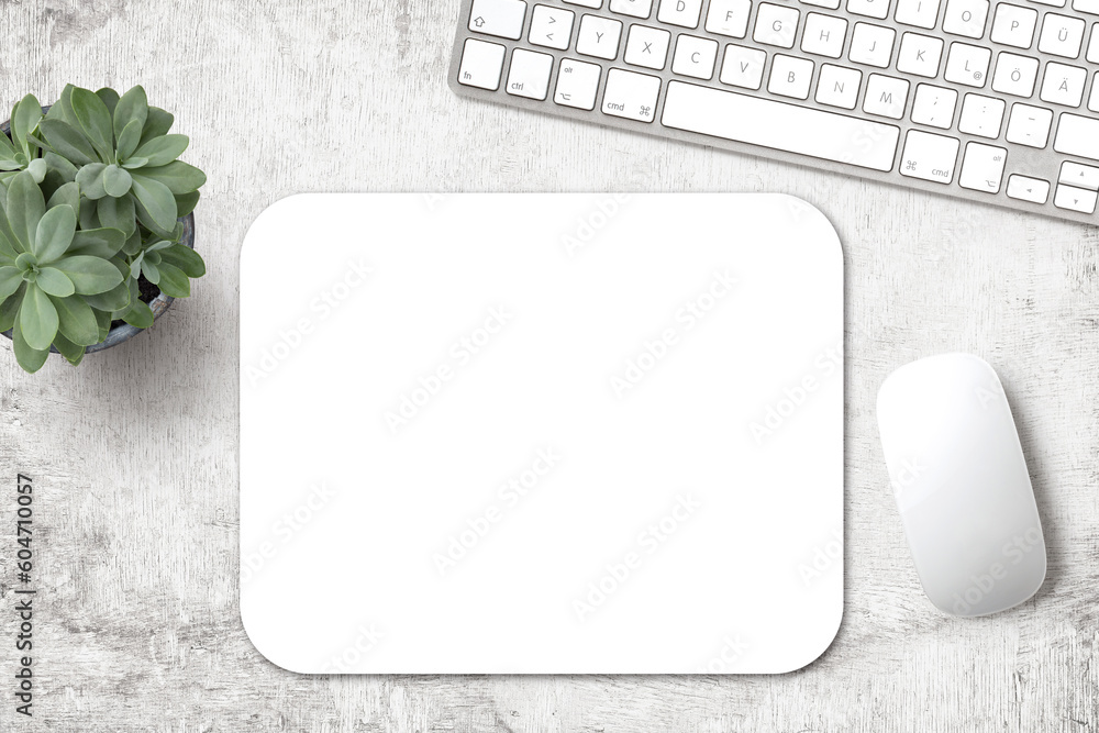minimalist mousepad mockup with pad, mouse, keyboard and a potted succulent on a white wooden office desk, modern minimal workspace template for your product or design, top view / flat lay