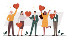 Customer Reviews Concept. Men And Women Stand With Big Hearts In Their Hands. Ranking And Rating. Feedback And Clients Satisfaction. People Leaving Positive Review. Cartoon Flat Vector Illustration