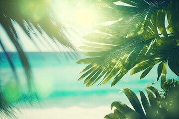 Canvas Print - tropical paradise with palm trees and sandy beach. Generative AI