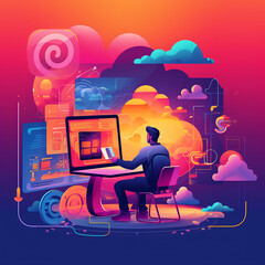 illustration of software development, 3d web programming art, programmer sitting with laptop working for development, programming the software, coding, colorful