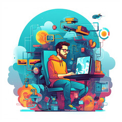 illustration of software development, 3d web programming art, programmer sitting with laptop working for development, programming the software, coding, colorful