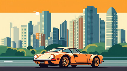 Pop art illustration of a classic orange sports car driving through a cityscape, with a streamlined design. Inspired by Maximilian Pirner and Michael Cho.(Ai)