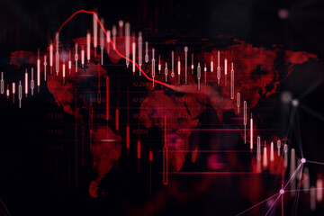 Sticker - Global economy crisis, economy recession and financial market crash concept with digital red financial chart falling down candlestick and graph on dark screen with world map background. 3D rendering