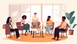 © GB - Illustration of people in a group therapy or rehabilitation session. Different people sitting in circle and talking. Concept of group therapy, counseling, psychology, help, conversation.