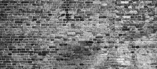 Abstract Black White Brick Wall Texture For Pattern Background. Wide Panorama Picture.