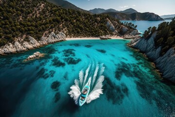 Canvas Print - boat sailing in the ocean viewed from above. Generative AI