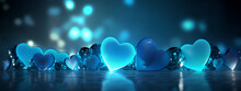 Abstract Background With Blue Hearts Bokeh, Blue Gradient. Banner For Valentine's Day Father's Mother's Day Concept.
