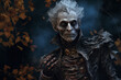 © Alla - Scary halloween pumpkin. Day of the dead, saints, feast and celebration. October 31. Intimidation and bedtime entertainment, creepy costumes having fun at Halloween party. Spooky Night. Generative AI.
