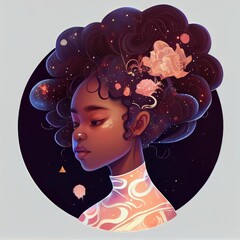 Wall Mural - A cute African American teenage goddess with beautiful afrocentric hairstyle made from celestial bodies fade into the universe. Generative AI AIG16.