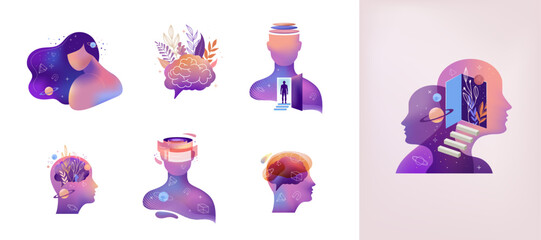psychology, dream, mental health concept collection of illustrations. brain, neuroscience and creati