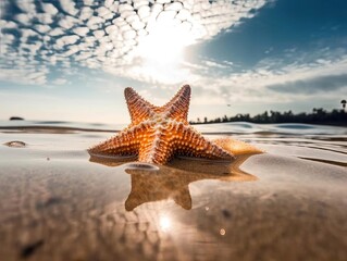 A beach and a starfish are superimposed, creating a stunning double exposure with silky sand and warm sunlight.