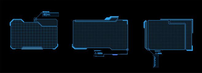 Hud frames. Futuristic modern hud control panel. High tech screen digital hologram window, gaming menu vector touching cyber Futuristic windows target and header. High tech elements for user interface