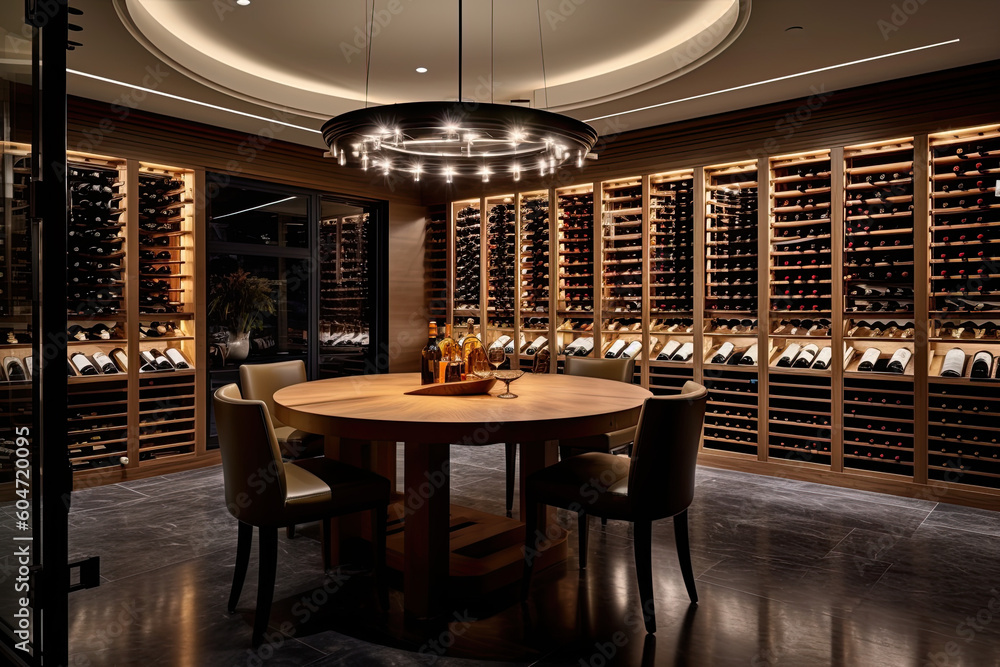 luxury penthouse wine cellar, showing a meticulously organized space ...