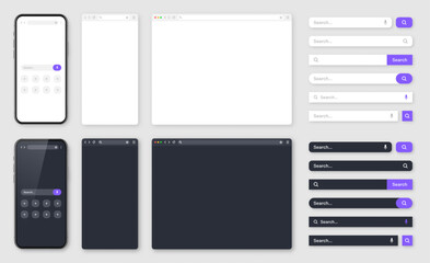Smartphone, blank internet browser window with various search bars. Web site engine with search box, address bar and text field. UI design, website interface. Dark, light modes. Vector illustration