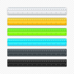 Wall Mural - Realistic various plastic rulers with measurement scale and divisions, measure marks. School ruler, centimeter and inch scale for length measuring. Office supplies. Vector illustration