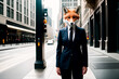 The fox is dressed in a formal suit on the body of a business woman against the background of the streets of a big city with skyscrapers. Concept of successful cunning businesswoman. Generative AI.