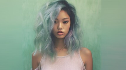 Pink pastel trendy fashion outfit with beautiful asian female model, colorful dyed hair and fashionable teenager girl. Picturesque generative AI