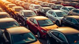 Row of Cars Closeup Parked at a Car Lot. Generative ai