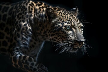 Wall Mural - Beautiful leopard. Background with selective focus and copy space. AI generated, human enhanced