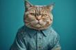 Anthropomorphic fat cat dressed in human clothing in casual style. Humanized animal concept. AI generated