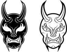 Black White Vector Illustration Of A Traditional Japanese Demon Oni Mask. Angry, Scary Concept. Line Art, Silhouette Style. Suitable For Mascot Designs, Stickers, Print, T-shirts. PNG Background