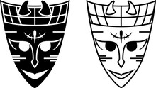 Black White Smiling Devil Woman Mask, Horns Illustration. Line Art, Silhouette Style. Used For Mascot Logo, Decoration, Print, T-shirt Design. PNG Background