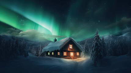epic aurora borealis with the beautiful of home and snow