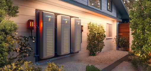 battery packs alternative electric energy storage system at home garage wall as backup or sustainabl