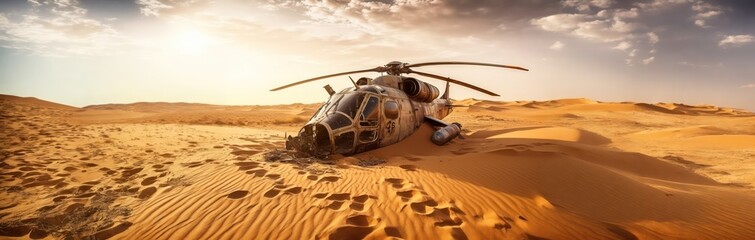 Wall Mural - crashed military airforce helicopter or chopped in the middle of the desert for warfare aftermath or mission failure as wide banner with copyspace area - Generative AI