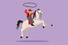 Cartoon Flat Style Drawing Strong Cowboy On Horse Galloping Across Desert. Stylized Cowboy On Bucking Horse Running With Lasso. Cute Cowboy With Rope Lasso On Horse. Graphic Design Vector Illustration
