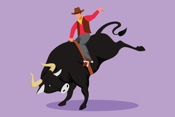 Wall Mural - Cartoon flat style drawing of cowboy riding wild bull for exciting rodeo show. Brave cowboy in hat join with rodeo competition riding wild bull. Exciting rodeo show. Graphic design vector illustration