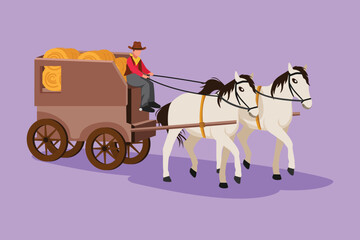  Graphic flat design drawing old wild west horse-drawn carriage with coach. Vintage western transport stagecoach with horses. Retro wild west covered wagons in desert. Cartoon style vector illustration