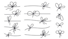 Line Bows Knots On Ribbon For Gift Decoration. String With Rope Knots In Doodle Style, Simple Thin Line Wedding Elements Isolated On White Background