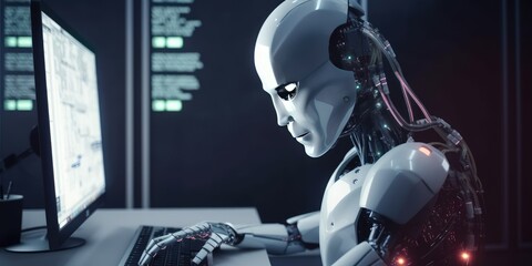 Wall Mural - artificial intelligence robot using computer software for gpt binary coding. distinct generative ai 
