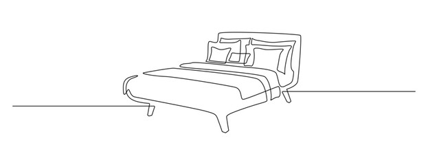 Aufkleber - Double bed with pillows in continuous one line drawing. Scandinavian stylish furniture for cozy loft bedroom in simple linear style. Editable stroke. Doodle vector illustration