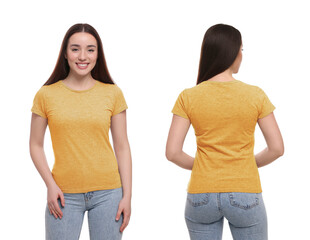 Wall Mural - Collage with photos of woman in yellow t-shirt on white background, back and front views. Mockup for design
