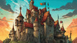 A castle with turrets and flags. Fantasy concept , Illustration painting. Generative AI