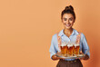 Oktoberfest Tradition. Waitress wearing traditional clothes and holding beers at the festival isolated on pastel background with space to text. copy space. German culture concept. AI Generative	